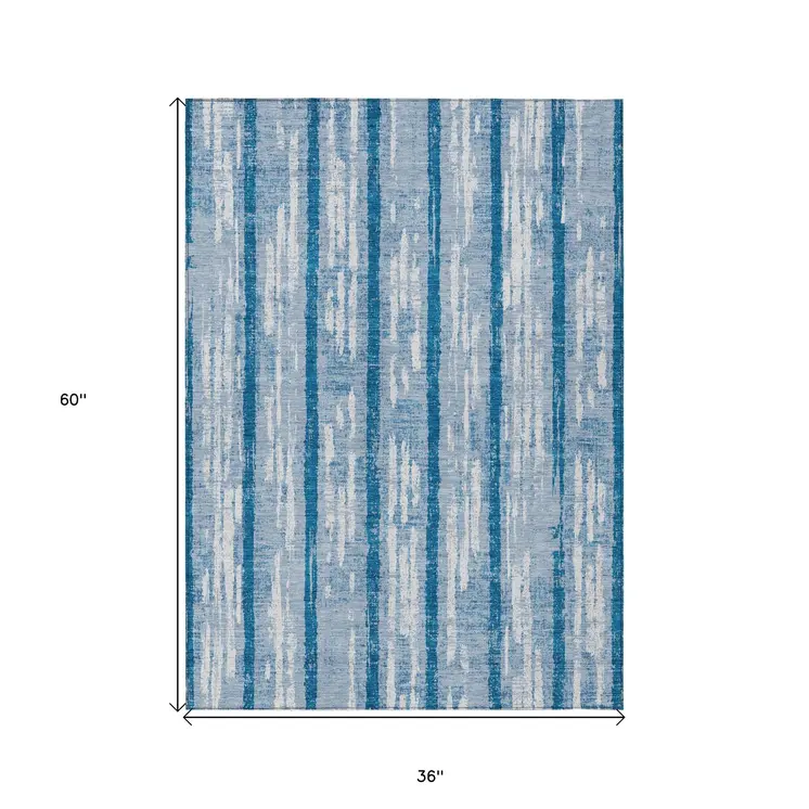 3' X 5' Navy Blue And Ivory Striped Washable Indoor Outdoor Area Rug