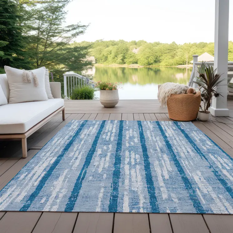3' X 5' Navy Blue And Ivory Striped Washable Indoor Outdoor Area Rug