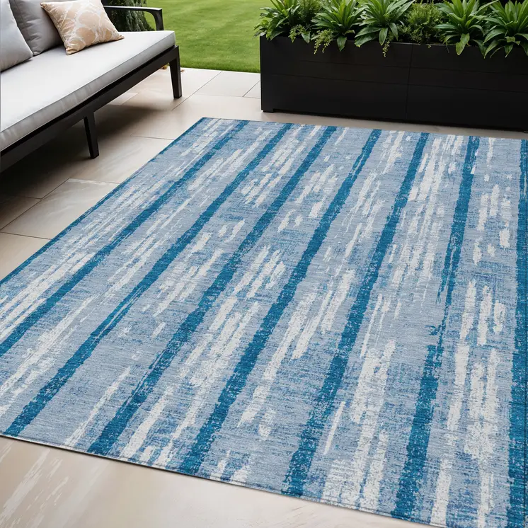 5' X 8' Navy Blue And Ivory Striped Washable Indoor Outdoor Area Rug