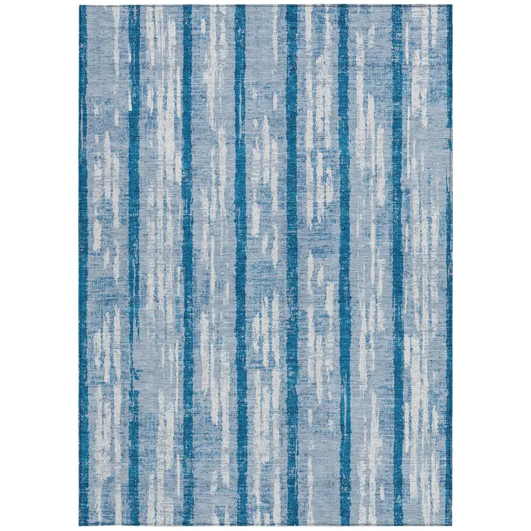 5' X 8' Navy Blue And Ivory Striped Washable Indoor Outdoor Area Rug