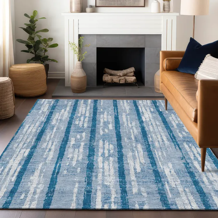 5' X 8' Navy Blue And Ivory Striped Washable Indoor Outdoor Area Rug