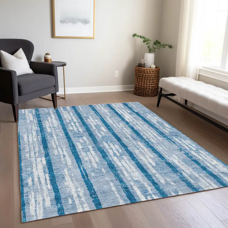 5' X 8' Navy Blue And Ivory Striped Washable Indoor Outdoor Area Rug