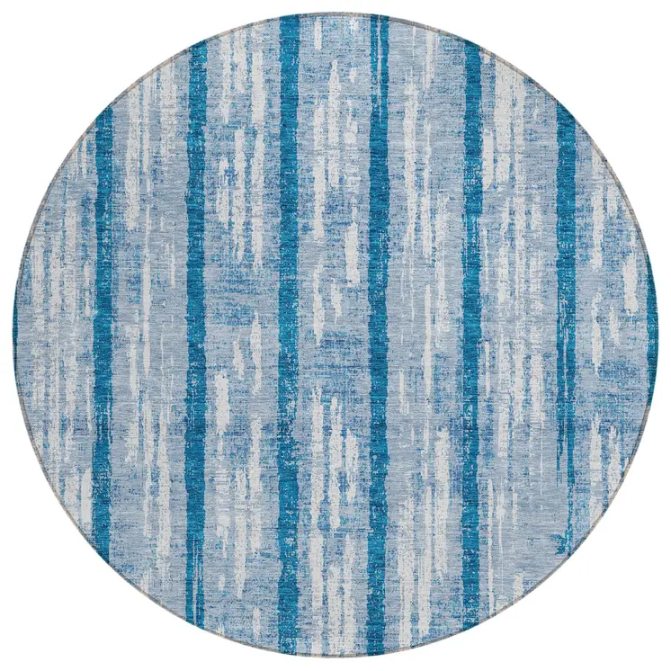 8' Navy Blue And Ivory Round Striped Washable Indoor Outdoor Area Rug