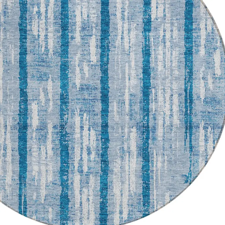 8' Navy Blue And Ivory Round Striped Washable Indoor Outdoor Area Rug
