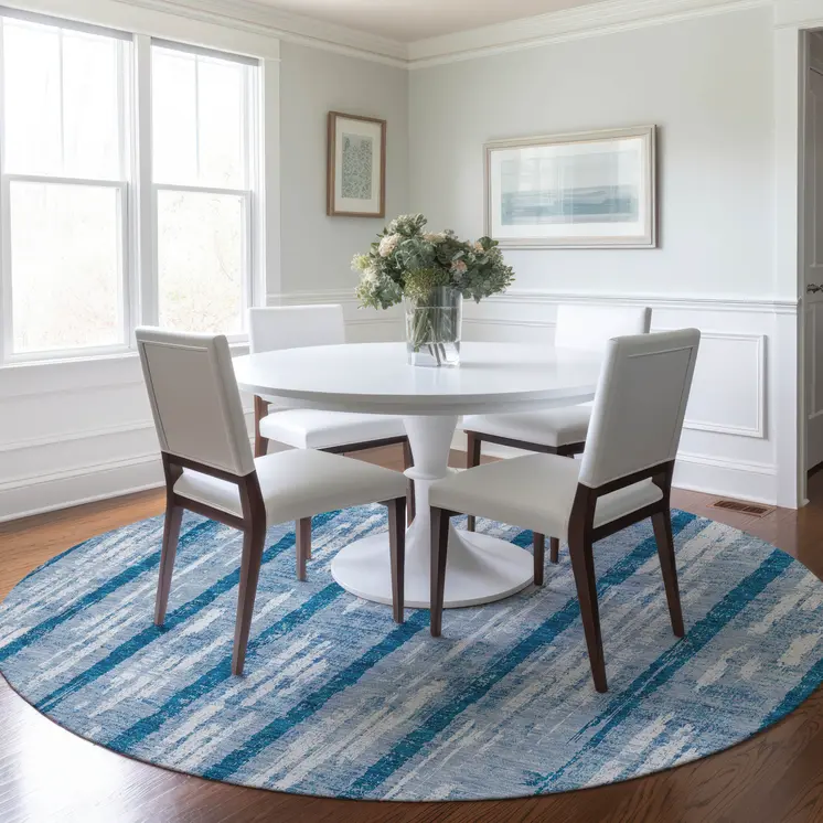 8' Navy Blue And Ivory Round Striped Washable Indoor Outdoor Area Rug