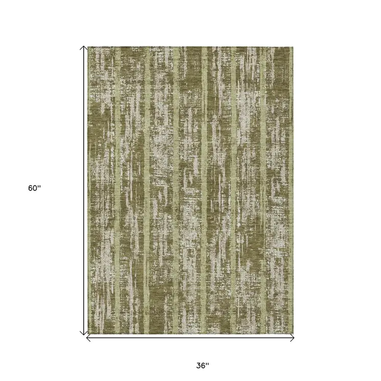 3' X 5' Olive Green Dark Green And Beige Striped Washable Indoor Outdoor Area Rug