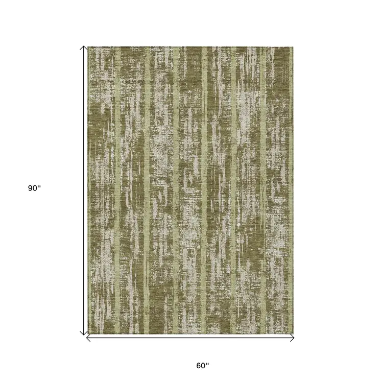 5' X 8' Olive Green Dark Green And Beige Striped Washable Indoor Outdoor Area Rug