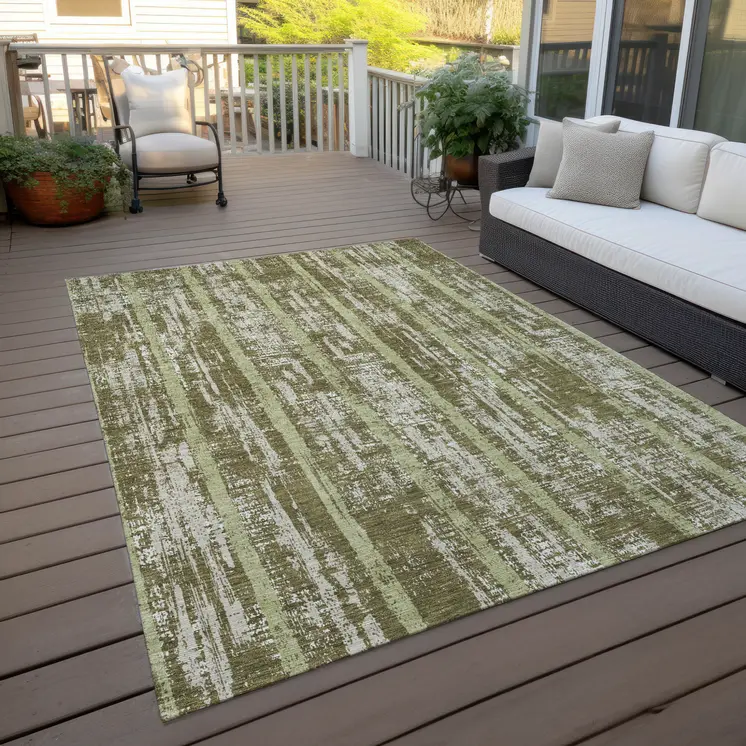 5' X 8' Olive Green Dark Green And Beige Striped Washable Indoor Outdoor Area Rug