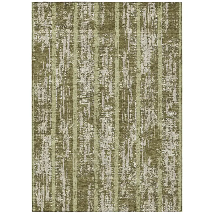 5' X 8' Olive Green Dark Green And Beige Striped Washable Indoor Outdoor Area Rug