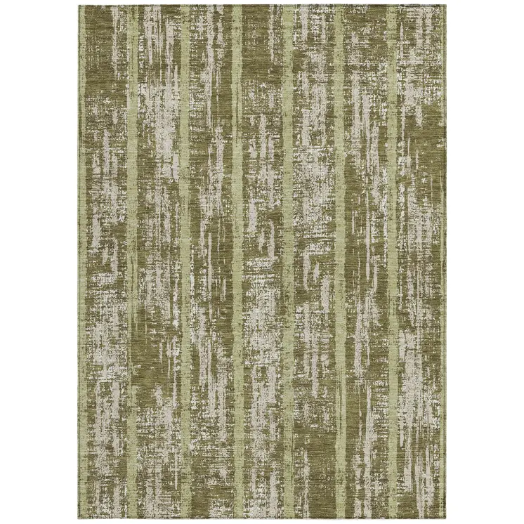 5' X 8' Olive Green Dark Green And Beige Striped Washable Indoor Outdoor Area Rug