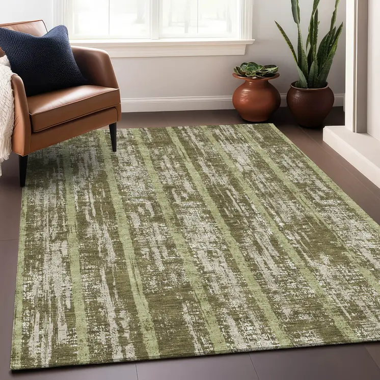 5' X 8' Olive Green Dark Green And Beige Striped Washable Indoor Outdoor Area Rug