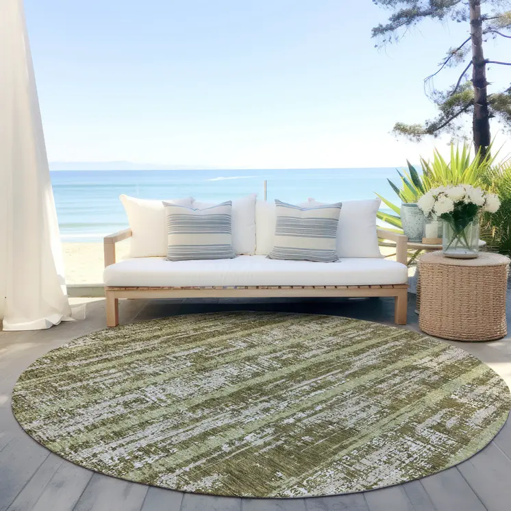 8' Olive Green Dark Green And Beige Round Striped Washable Indoor Outdoor Area Rug