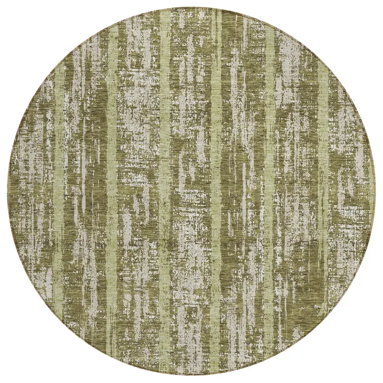 8' Olive Green Dark Green And Beige Round Striped Washable Indoor Outdoor Area Rug