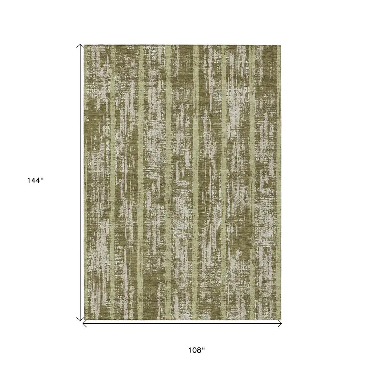 9' X 12' Olive Green Dark Green And Beige Striped Washable Indoor Outdoor Area Rug