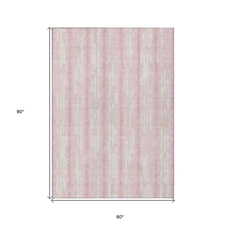 5' X 8' Pink And Ivory Striped Washable Indoor Outdoor Area Rug