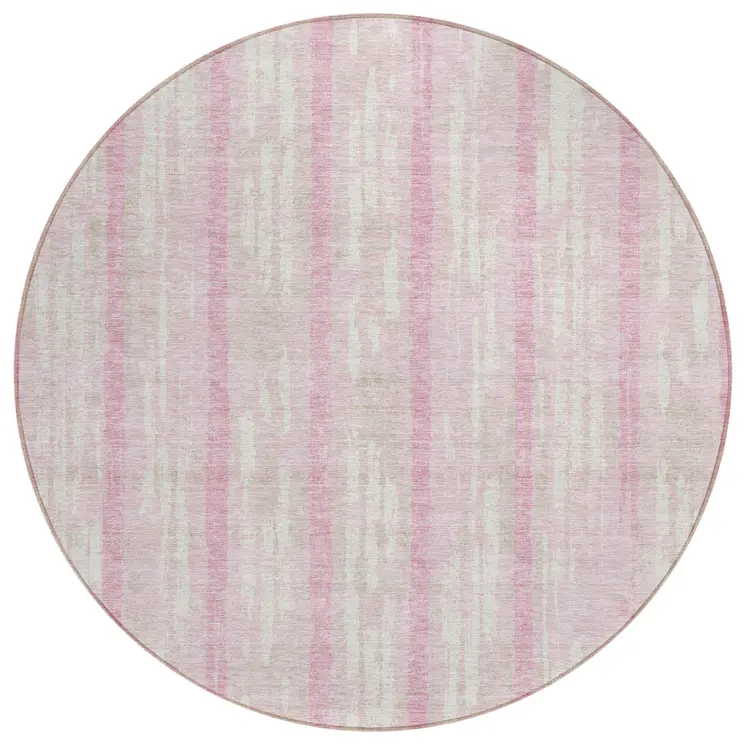 8' Pink And Ivory Round Striped Washable Indoor Outdoor Area Rug