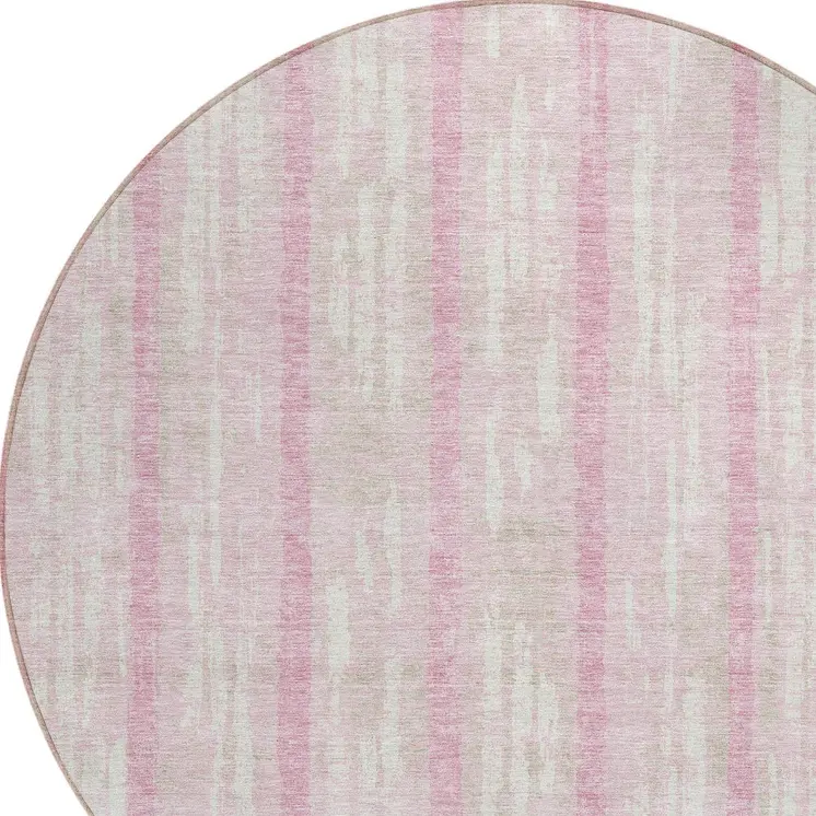 8' Pink And Ivory Round Striped Washable Indoor Outdoor Area Rug