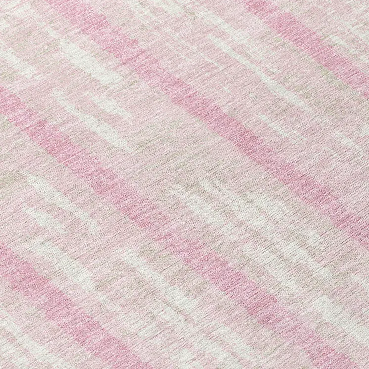 8' Pink And Ivory Round Striped Washable Indoor Outdoor Area Rug