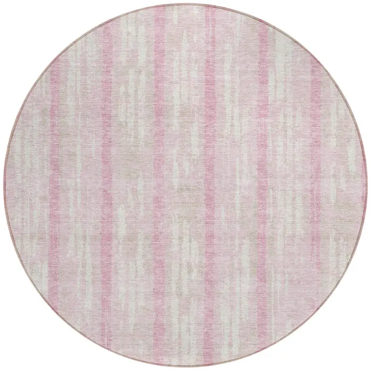 8' Pink And Ivory Round Striped Washable Indoor Outdoor Area Rug