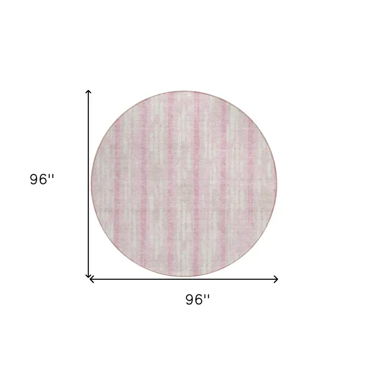 8' Pink And Ivory Round Striped Washable Indoor Outdoor Area Rug
