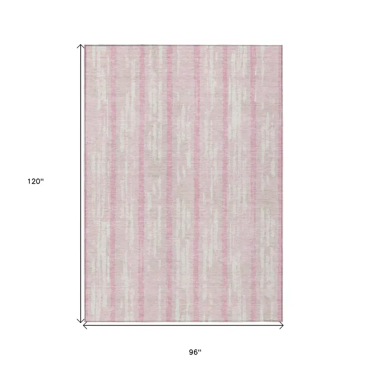 8' X 10' Pink And Ivory Striped Washable Indoor Outdoor Area Rug