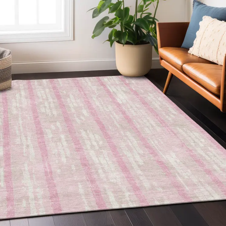 8' X 10' Pink And Ivory Striped Washable Indoor Outdoor Area Rug