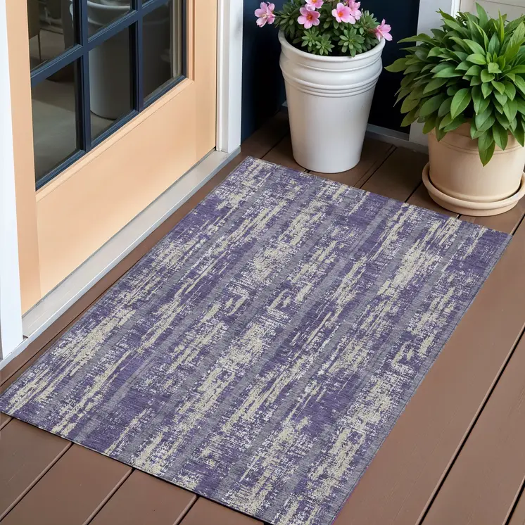 3' X 5' Purple Gray And Ivory Striped Washable Indoor Outdoor Area Rug