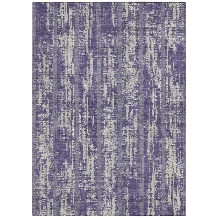 3' X 5' Purple Gray And Ivory Striped Washable Indoor Outdoor Area Rug