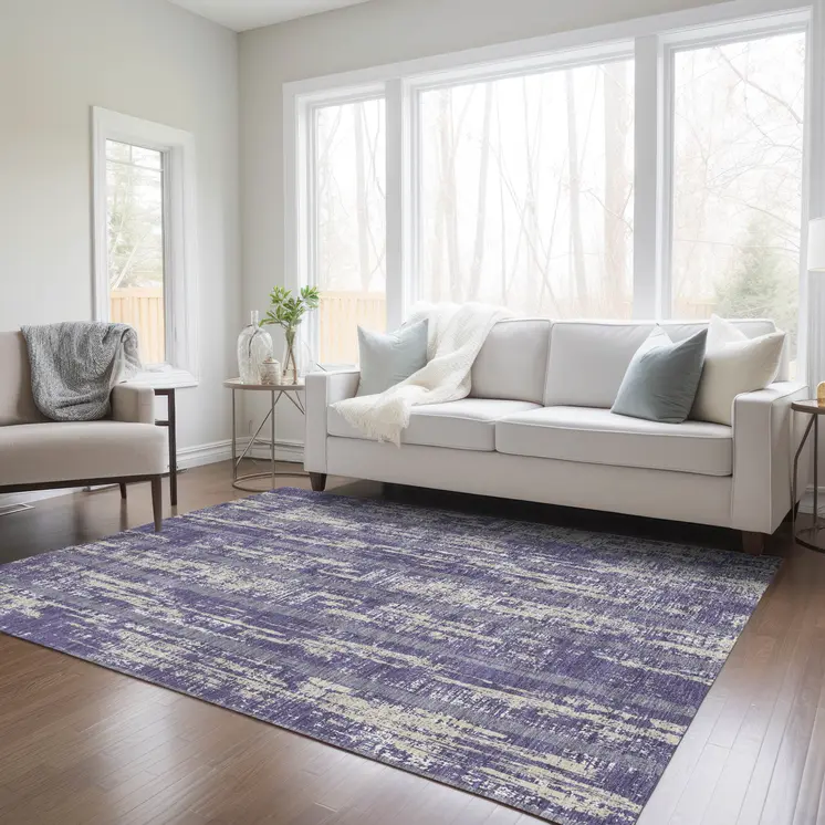 3' X 5' Purple Gray And Ivory Striped Washable Indoor Outdoor Area Rug