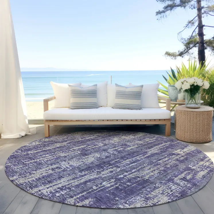 8' Purple Gray And Ivory Round Striped Washable Indoor Outdoor Area Rug