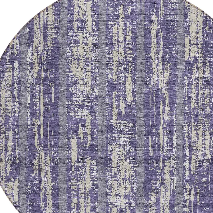 8' Purple Gray And Ivory Round Striped Washable Indoor Outdoor Area Rug