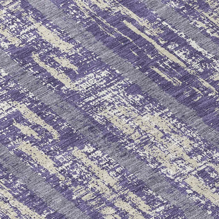 8' Purple Gray And Ivory Round Striped Washable Indoor Outdoor Area Rug
