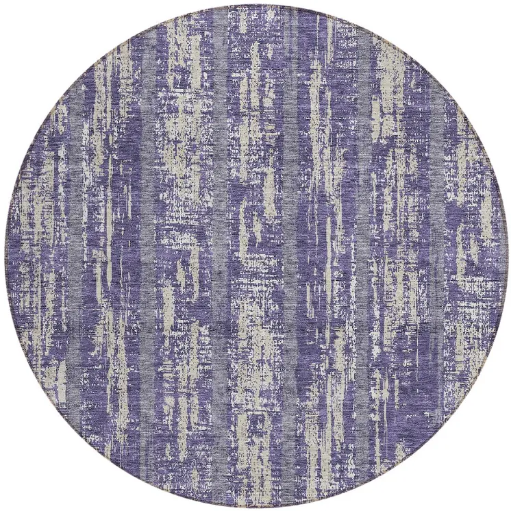 8' Purple Gray And Ivory Round Striped Washable Indoor Outdoor Area Rug