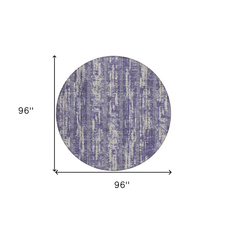 8' Purple Gray And Ivory Round Striped Washable Indoor Outdoor Area Rug