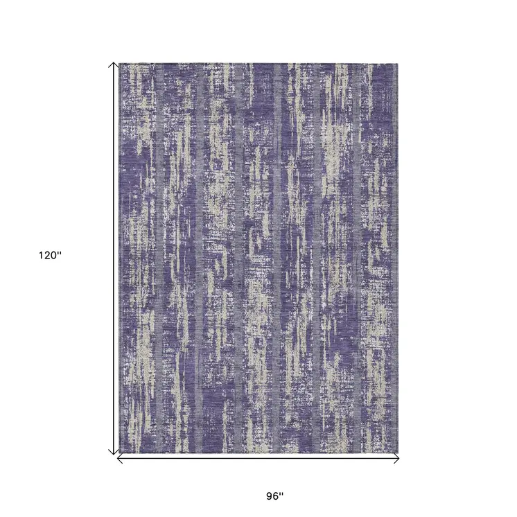8' X 10' Purple Gray And Ivory Striped Washable Indoor Outdoor Area Rug