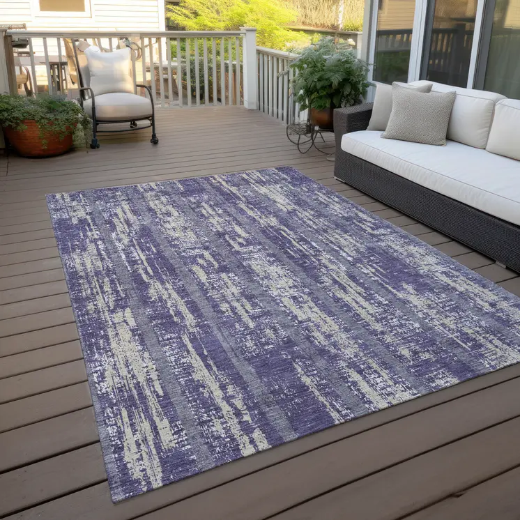 8' X 10' Purple Gray And Ivory Striped Washable Indoor Outdoor Area Rug