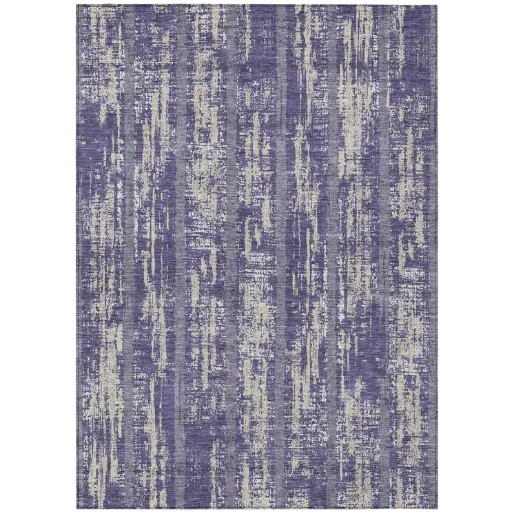 8' X 10' Purple Gray And Ivory Striped Washable Indoor Outdoor Area Rug