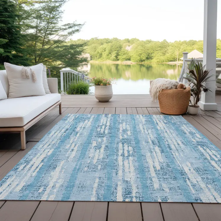 3' X 5' Sky Blue And Ivory Striped Washable Indoor Outdoor Area Rug