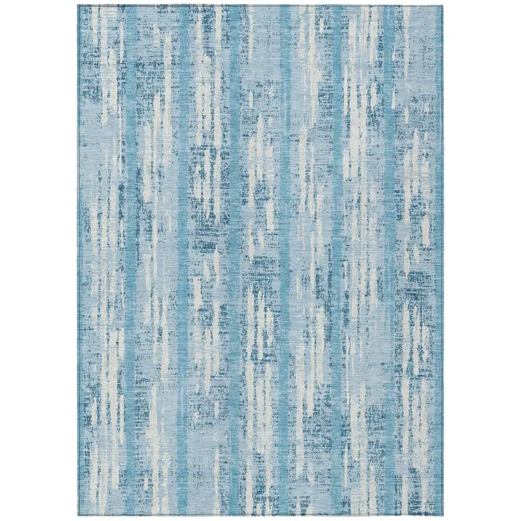 3' X 5' Sky Blue And Ivory Striped Washable Indoor Outdoor Area Rug