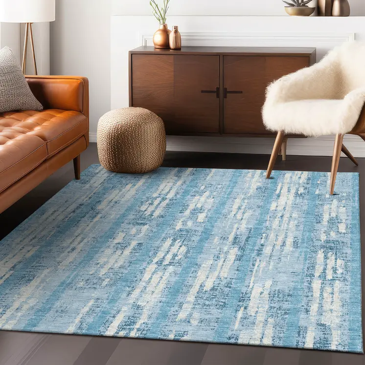 3' X 5' Sky Blue And Ivory Striped Washable Indoor Outdoor Area Rug