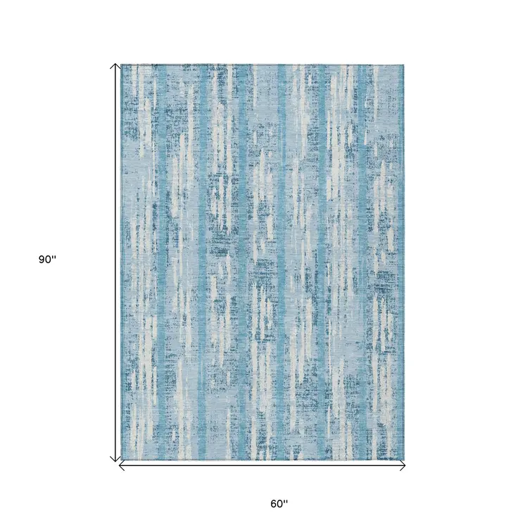 5' X 8' Sky Blue And Ivory Striped Washable Indoor Outdoor Area Rug