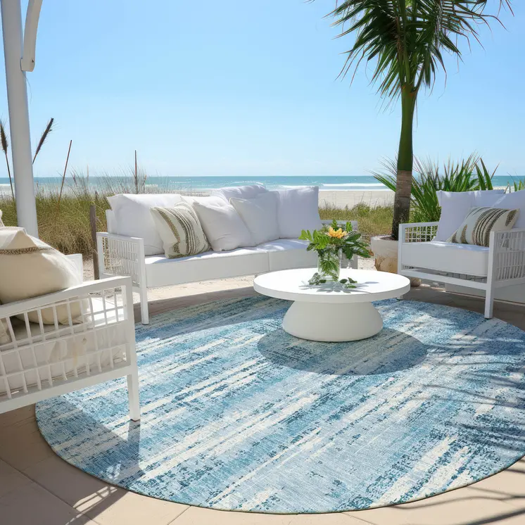 8' Sky Blue And Ivory Round Striped Washable Indoor Outdoor Area Rug