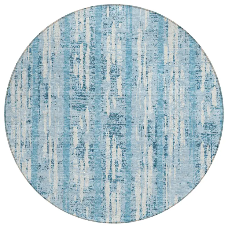 8' Sky Blue And Ivory Round Striped Washable Indoor Outdoor Area Rug
