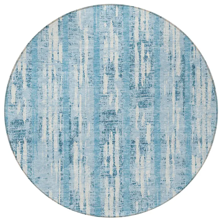 8' Sky Blue And Ivory Round Striped Washable Indoor Outdoor Area Rug