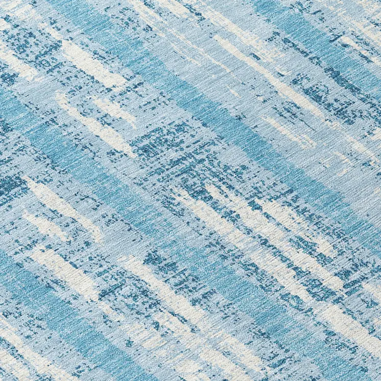 8' Sky Blue And Ivory Round Striped Washable Indoor Outdoor Area Rug