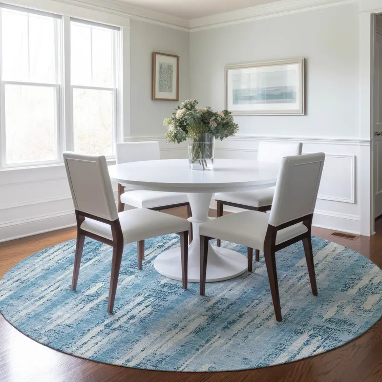 8' Sky Blue And Ivory Round Striped Washable Indoor Outdoor Area Rug