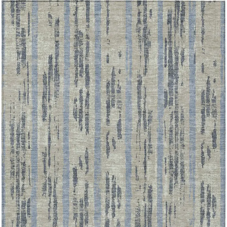 3' X 5' Taupe Gray And Blue Striped Washable Indoor Outdoor Area Rug