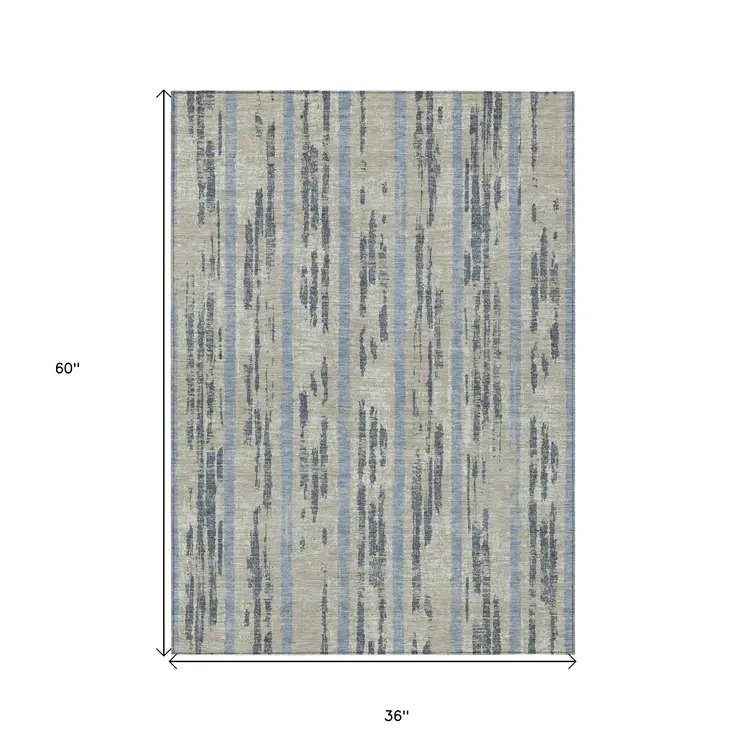 3' X 5' Taupe Gray And Blue Striped Washable Indoor Outdoor Area Rug