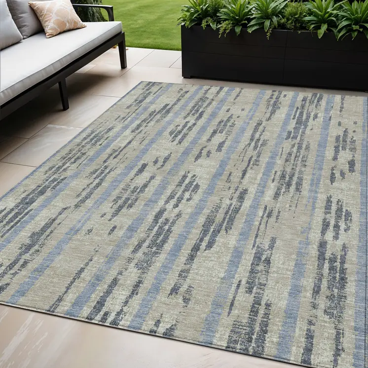 5' X 8' Taupe Gray And Blue Striped Washable Indoor Outdoor Area Rug
