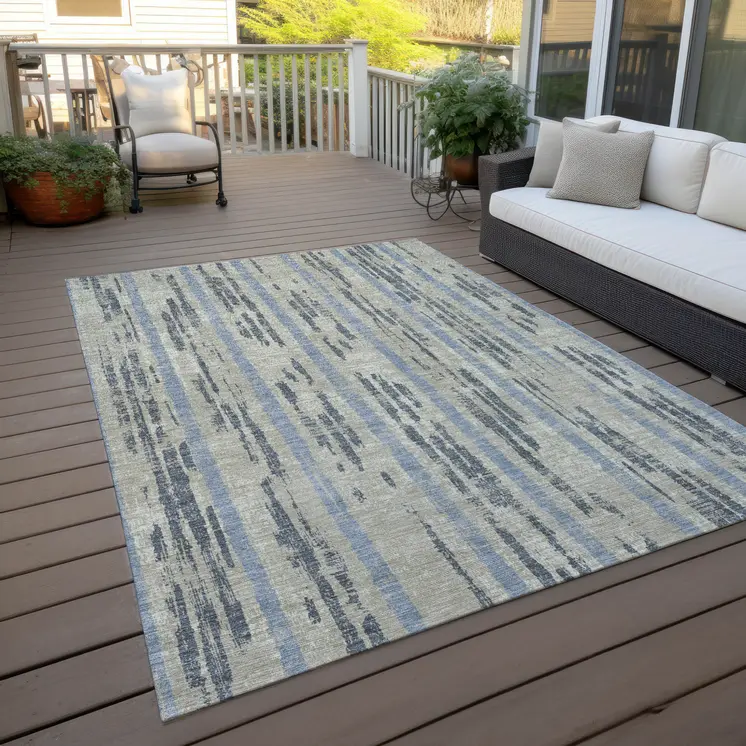 5' X 8' Taupe Gray And Blue Striped Washable Indoor Outdoor Area Rug